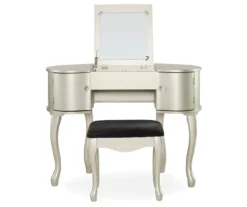 Kelly Silver Rounded Mirror Vanity Set With Stool 9 Kelly Silver Rounded Mirror Vanity Set With Stool -Home Sale Store 810389505 3