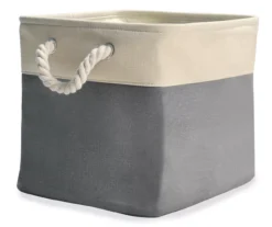 Gray & Cream Fabric Storage Bin With Rope Handles