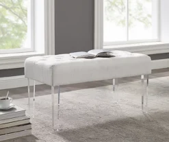 Marie Glitz White Tufted Linen Acrylic Leg Bench -Home Sale Store 810543267 2