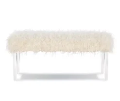 Cara White Faux Fur Acrylic Leg Bench -Home Sale Store 810543373 3