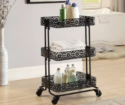 Mabry Black 3-Tier Pierced Floral Rolling Cart -Home Sale Store 810543382 2