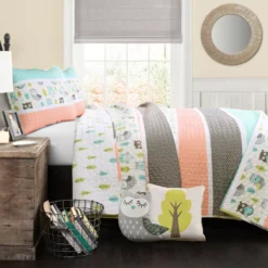 Coral & Turquoise Owl Stripe Full/Queen 5-Piece Quilt Set -Home Sale Store 810552920 11