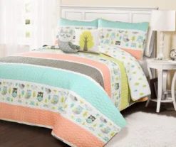 Coral & Turquoise Owl Stripe Full/Queen 5-Piece Quilt Set