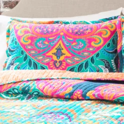 Turquoise & Hot Pink Ornate Paisley Boho Chic Full/Queen 3-Piece Quilt Set -Home Sale Store 810552949 11