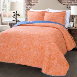 Turquoise & Hot Pink Ornate Paisley Boho Chic Full/Queen 3-Piece Quilt Set -Home Sale Store 810552949 3