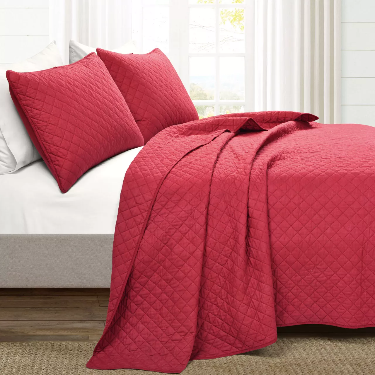 Ava Red Diamond-Quilted Full/Queen 3-Piece Quilt Set 6 Ava Red Diamond-Quilted Full/Queen 3-Piece Quilt Set - Image 6