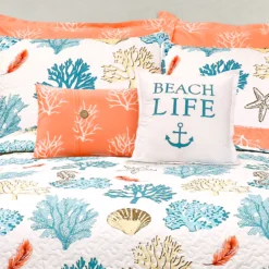 White, Coral & Blue Coastal Reef King 7-Piece Quilt Set -Home Sale Store 810552983 2
