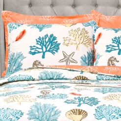 White, Coral & Blue Coastal Reef King 7-Piece Quilt Set -Home Sale Store 810552983 31