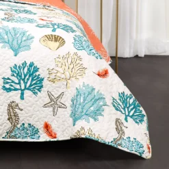 White, Coral & Blue Coastal Reef King 7-Piece Quilt Set -Home Sale Store 810552983 4