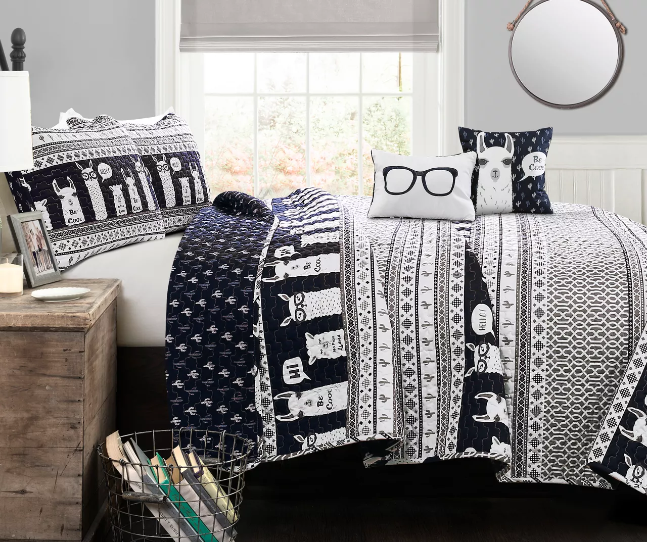 Navy & White Llama Pattern Block Full/Queen 5-Piece Quilt Set 1 Navy & White Llama Pattern Block Full/Queen 5-Piece Quilt Set
