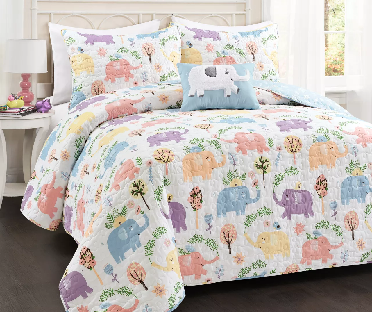 Hygge White & Pastel Elephant Full/Queen 4-Piece Quilt Set 1 Hygge White & Pastel Elephant Full/Queen 4-Piece Quilt Set