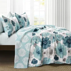 Leah White & Blue Floral Full/Queen 3-Piece Quilt Set -Home Sale Store 810553029 11