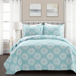 Leah White & Blue Floral Full/Queen 3-Piece Quilt Set -Home Sale Store 810553029 21