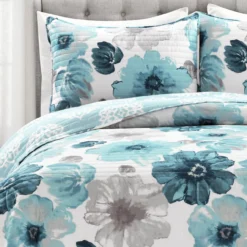 Leah White & Blue Floral Full/Queen 3-Piece Quilt Set -Home Sale Store 810553029 3