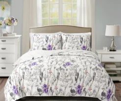 Adalia White & Purple Floral Full/Queen 3-Piece Quilt Set