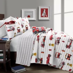 White & Red Fire Truck Twin 3-Piece Quilt Set -Home Sale Store 810553047 11