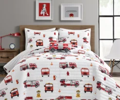 White & Red Fire Truck Twin 3-Piece Quilt Set