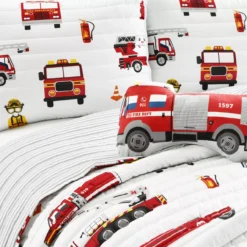 White & Red Fire Truck Twin 3-Piece Quilt Set -Home Sale Store 810553047 3