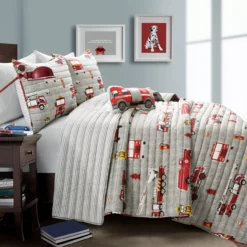 Gray & Red Fire Truck Twin 3-Piece Quilt Set -Home Sale Store 810553048 11