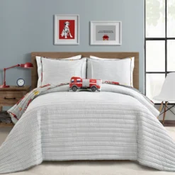 Gray & Red Fire Truck Twin 3-Piece Quilt Set -Home Sale Store 810553048 2