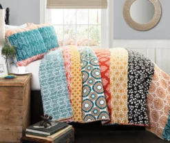 Zuri White, Orange & Blue Pattern Block Full/Queen 3-Piece Quilt Set