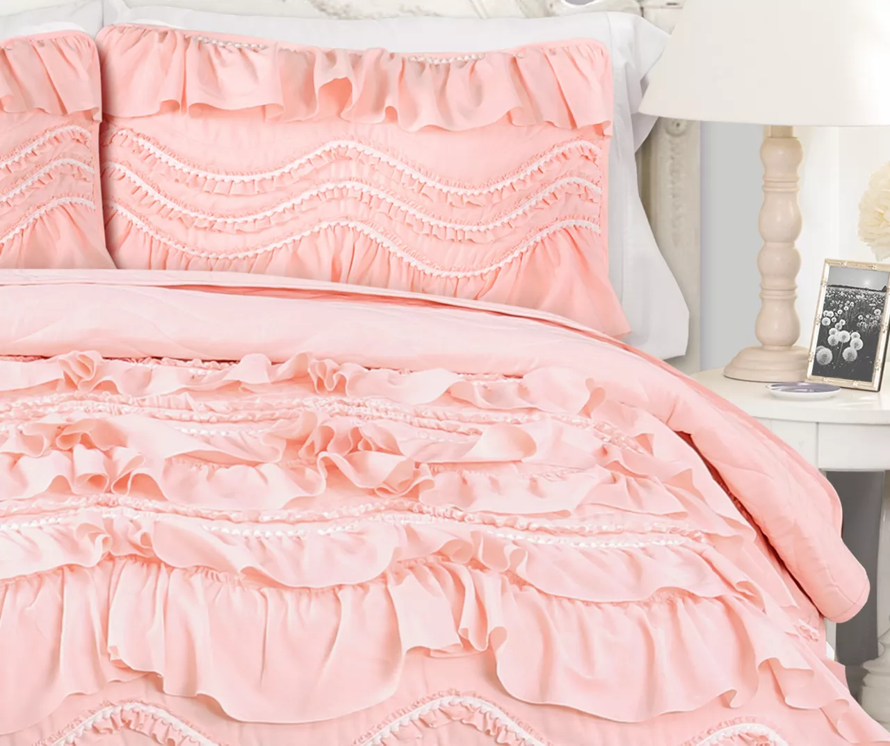 Kemmy Peachy Pink Ruffle Full/Queen 3-Piece Quilt Set 2 Kemmy Peachy Pink Ruffle Full/Queen 3-Piece Quilt Set - Image 2