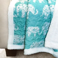 Aqua & White Elephant Parade Quilted Sherpa Throw, (50" X 60") -Home Sale Store 810553502 11