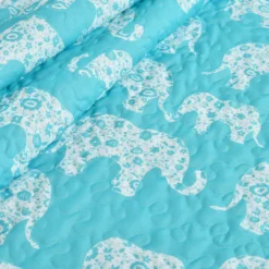 Aqua & White Elephant Parade Quilted Sherpa Throw, (50" X 60") -Home Sale Store 810553502 2