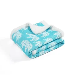 Aqua & White Elephant Parade Quilted Sherpa Throw, (50" X 60") -Home Sale Store 810553502 4