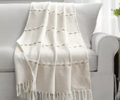 Beige Thread-Stripe Herringbone Tassel-Trim Throw, (50" X 60")