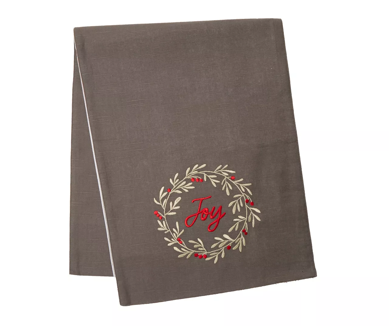 Home For The Holidays "Joy" Gray & Red Wreath Table Runner 1 Home For The Holidays "Joy" Gray & Red Wreath Table Runner
