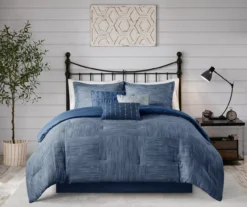 Home Sale Store 22 Kelan Navy Streak Patchwork Seersucker King 7-Piece Comforter Set