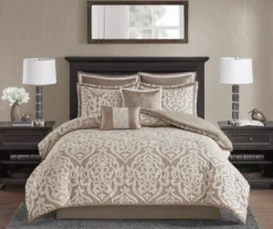 Eliot Tan & Beige Damask Jacquard King 8-Piece Comforter Set