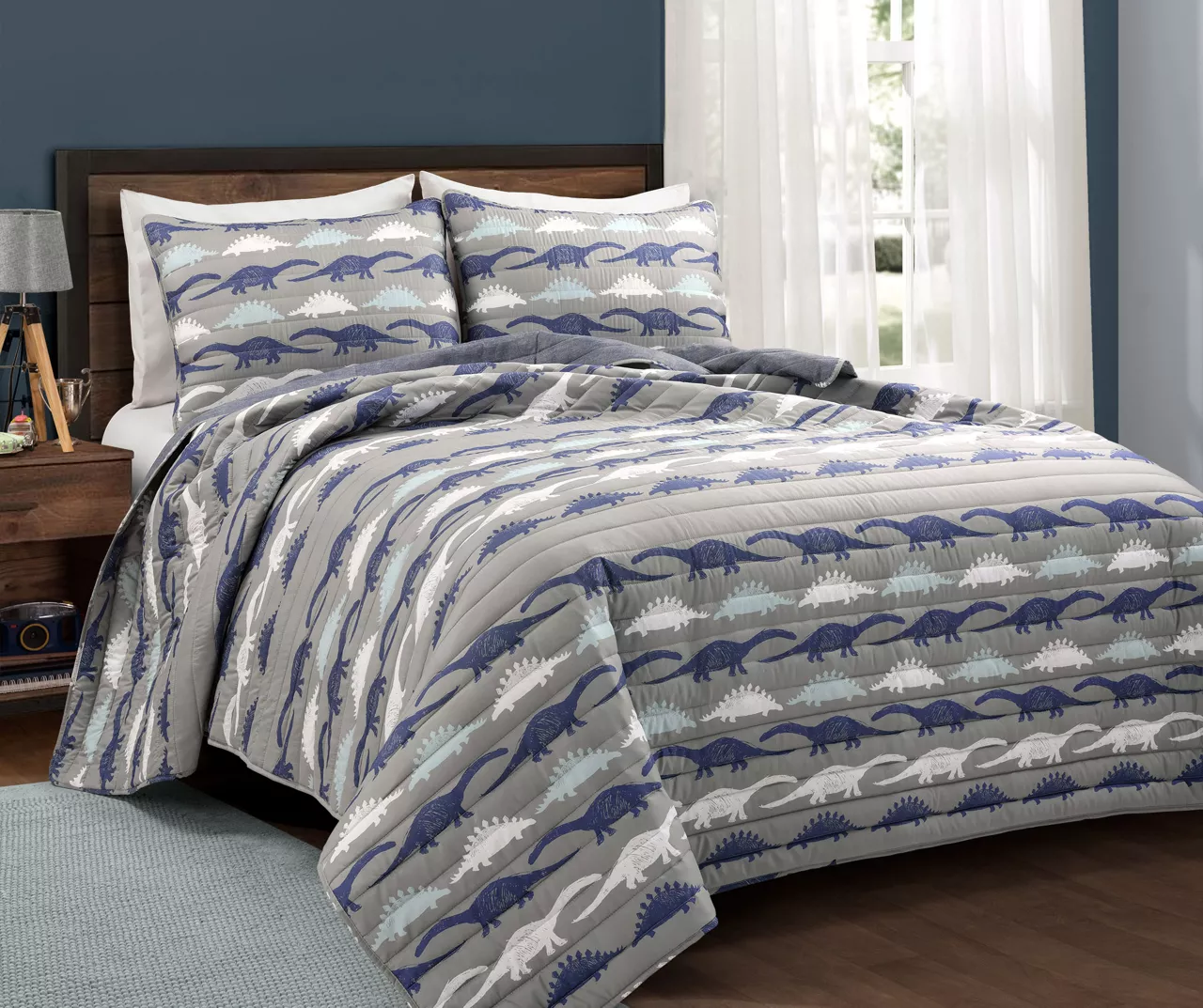 Lush Decor Navy & Gray Dinosaur Reversible Quilt Set 2 Lush Decor Navy & Gray Dinosaur Reversible Quilt Set - Image 2