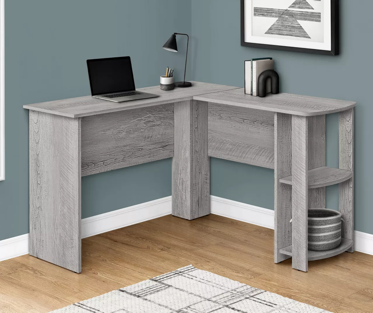 Industrial Gray L-Shaped Corner Desk With Open Storage 2 Industrial Gray L-Shaped Corner Desk With Open Storage - Image 2