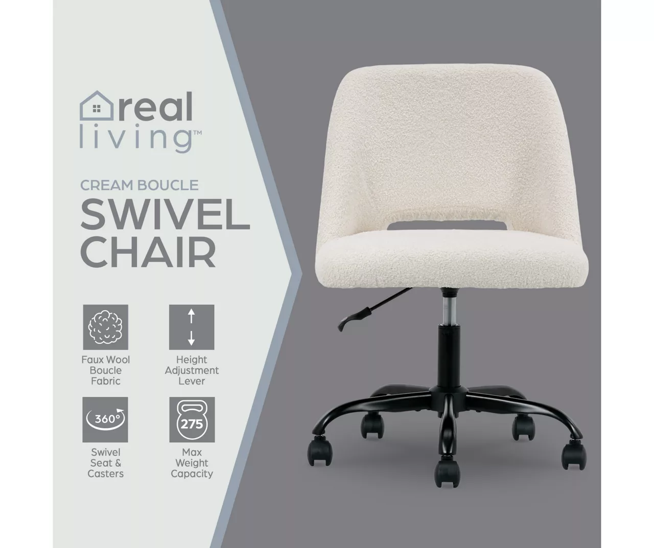 Cream Faux Wool Boucle Rolling Swivel Office Chair 5 Cream Faux Wool Boucle Rolling Swivel Office Chair - Image 5